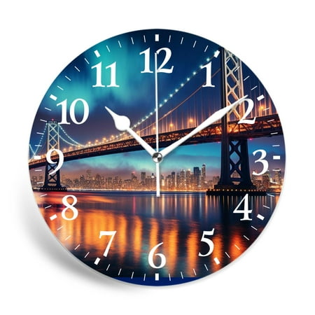 MEOSLZUT 12 inch Round Wall Clock,New York City Bridge Sunset Cityscape Beautiful,Silent Non-Ticking Wall Clock Decor for Home Office Kitchen Living Room Bedroom