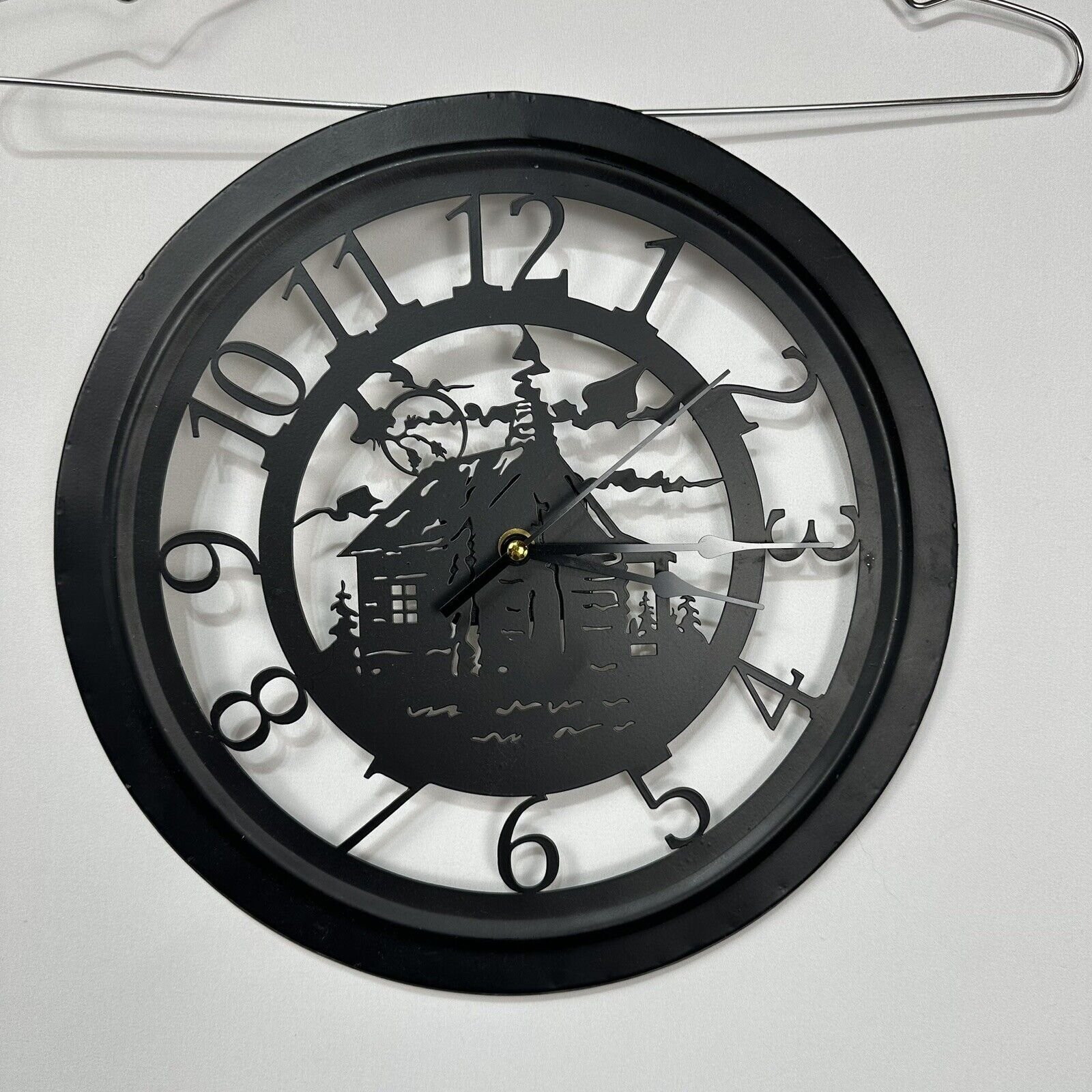 Metal Cut Out Spooky Cabin in Woods Analog Wall Clock Works! Halloween Fall