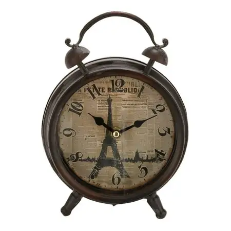 Metal Eiffel Tower Clock with Bell Style Top - Vintage Rustic Iron Table Clock, 9 - Sepia Newspaper Print Background - Black Numerals - Battery Operated - Home Decor -