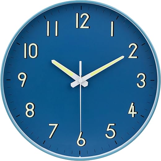 Midnight Blue Silent Wall Clock, with Glow in The Dark Numbers and Hands, Modern Eye Catching Home Decor for Any Room