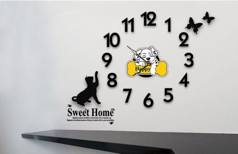 Modern DIY Wall Clock 3D Number Sticker Home Decor Interior - Cat&Butterfly