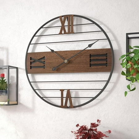 Modern Wood Walnut Dial Wall Clock, Large Simple Wall Decor Metal Frame Silent Non Ticking Clock for Living Room Decor, Kitchen, Bedroom, Study Decoration, Handmade Home Present Idea, 18.5in