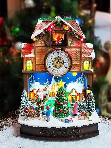 MOMENTS IN TIME 17.5 H Christmas Decor Cuckoo Clock with Animated Christmas Tree, with LED Lights, Christmas Music, and Animation - Power Adapter (Included)