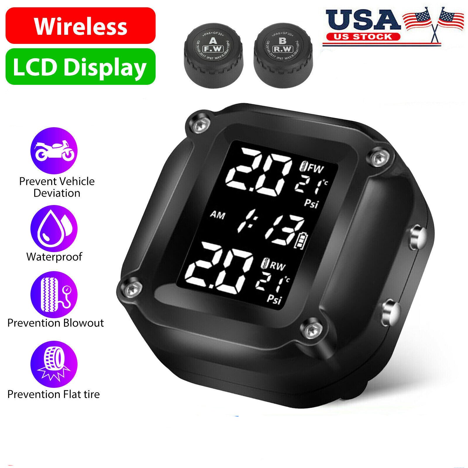 Motorcycle Wireless TPMS Tire Tyre Pressure Monitor System w/ 2 External Sensors