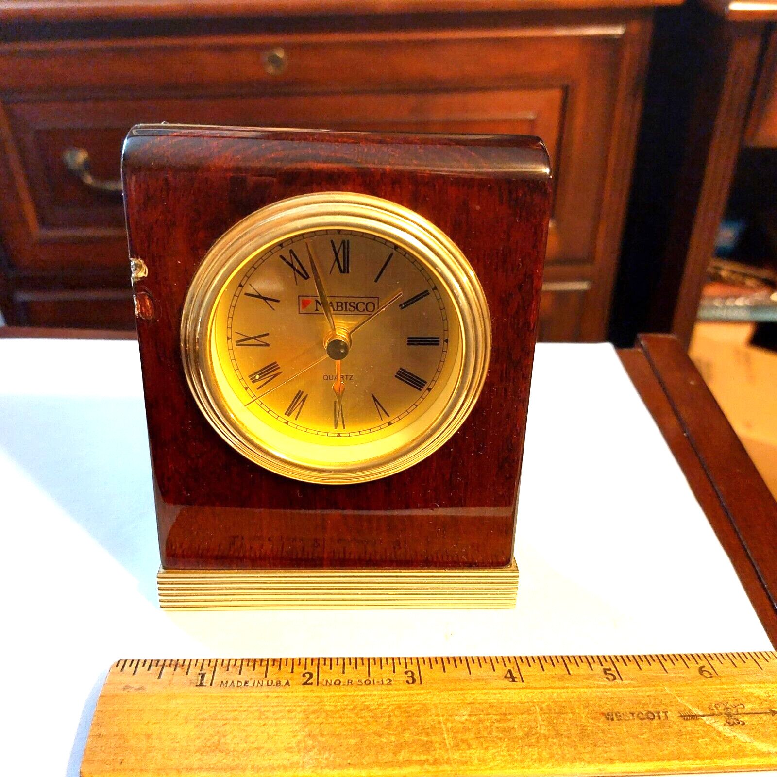Nabisco Mahogany Wood Gold Table Mantle Desk Shelf Clock