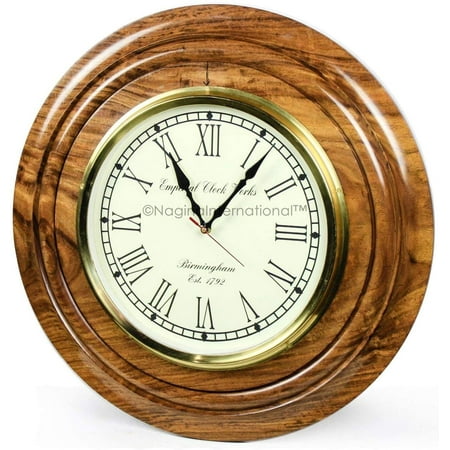 Nagina International Nautical Brass Time's Wall Clock with Roman Numerals On Rosewood Premium Base | Hand Crafted Gifts & Decor (22 Inches)