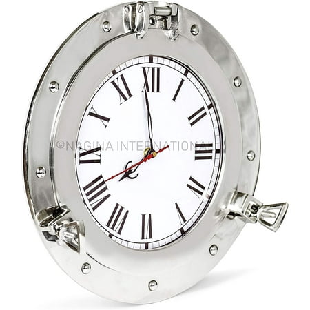 Nagina International Silvery-White Lustrous Aluminum Metal Nickel Coated Premium Nautical Porthole Roman's Time Clock | Pirate's Wall Decor Accent