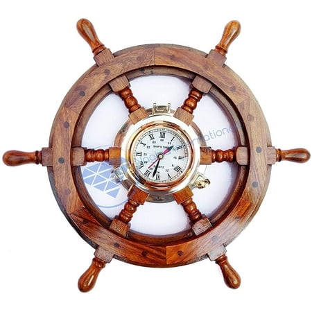 Nagina International Wood Crafted Nautical Solid Brass Porthole Time Clock Pirate Ship Wheel - Captain Maritime Beach Home Decor Gift (18 Inches)