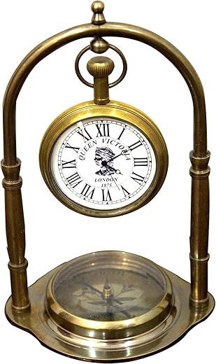 Nautical Compass Base Table Clock Ship's Clock Maritime Antique Brass Hanging Desk Clock Victoria London Home Decor Collectible