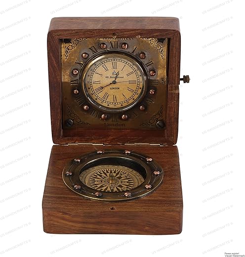 Nautical Handmade Authentic Brass Clock Compass in Rose Wood Box, Replica of Vintage Product Best Gift for Your Love one