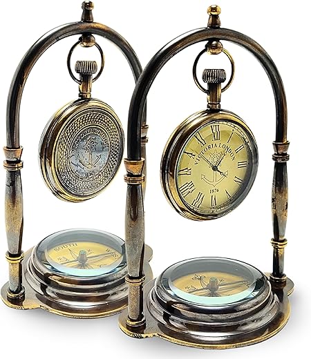 Nautical Tabletop Compass Maritime Brass Hanging Desk Clock by Victoria London - Maritime Compass Base Nautical Table Clock