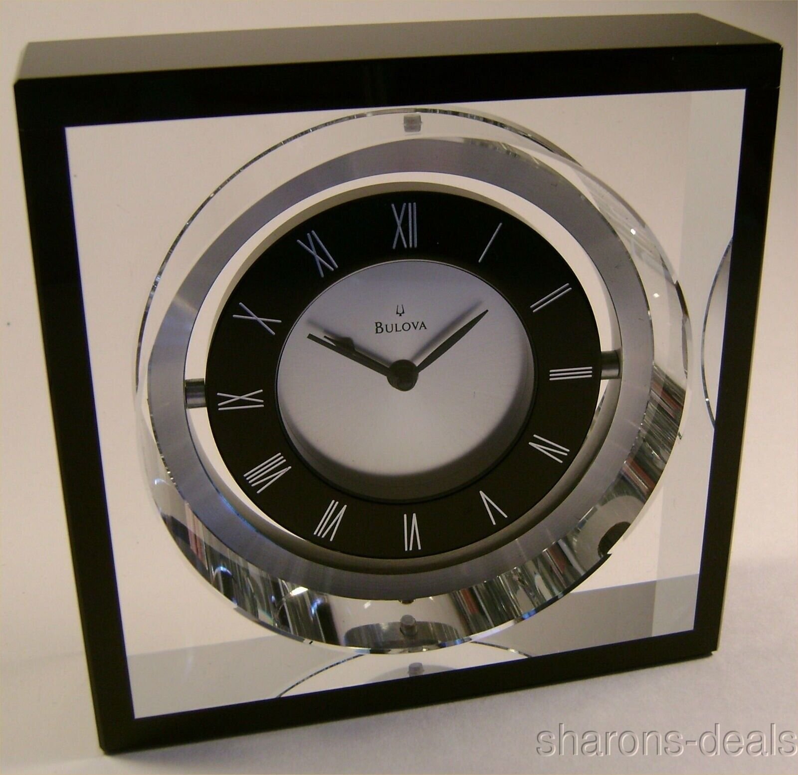 NEW Bulova B9860 Orion Executive Desk Clock Pivoting Clear Crystal Black 2.5 lbs
