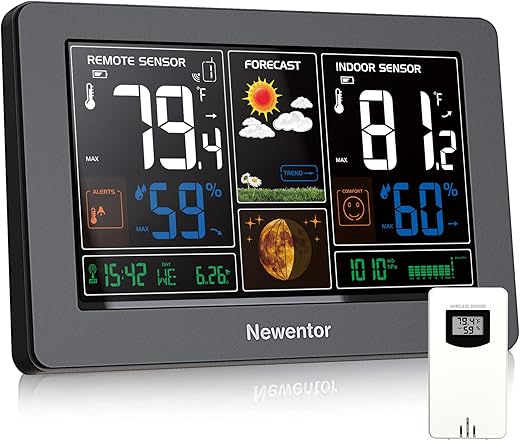 Newentor Weather Station Wireless Indoor Outdoor Thermometer, Color Display Digital Weather Thermometer with Atomic Clock, Barometric Pressure, Forecast Station with Adjustable Backlight, Black