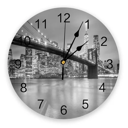 New York City Night Round Wall Clock for Home Decor Living Room No Ticking Sound Modern Creative Wall Clocks