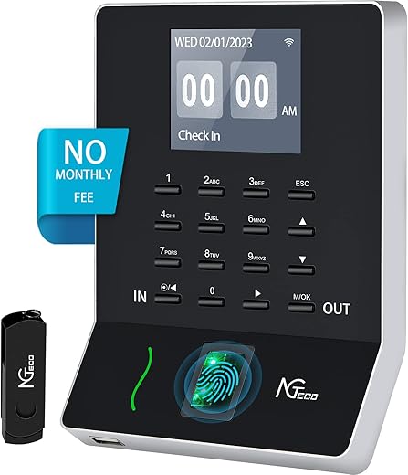 NGTeco Fingerprint Time Clock, W2 Biometric Employee Time Attendance Machine for Small Business and Office, Finger Scan, Automatic Punch, LAN WiFi, App for iOS/Android (0 Monthly Fee)