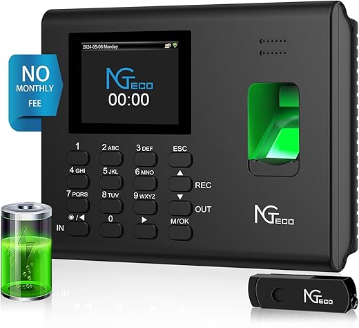 NGTeco Time Clocks for Employees Small Business, 2.4GHz WiFi Fingerprint Time Clock with Battery, Automatic Punch in and Out Time Card Machine with App for iOS Android (0 Monthly Fees)