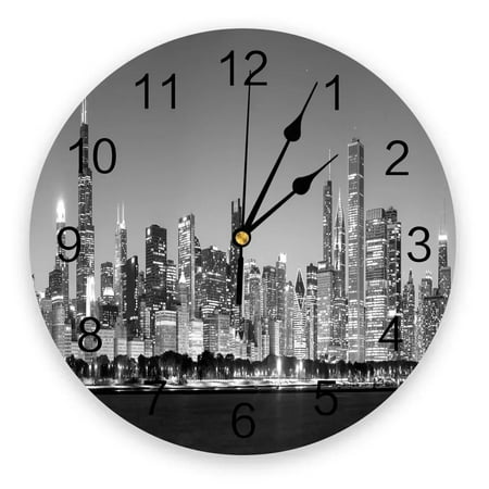 Night Panorama City Chicago Wall Clocks Home Decoration Silent Round Wall Watches for Home Living Room Kitchen Wall Decor（10 Inch）