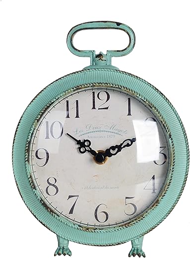 NIKKY HOME Table Clock Vintage Metal Round Desk Clock with Handle and Dragon Feet Stand for Home Living Room Bedroom Decor 5.6'' by 2.2'' by 7.5'', Distressed Aqua Blue