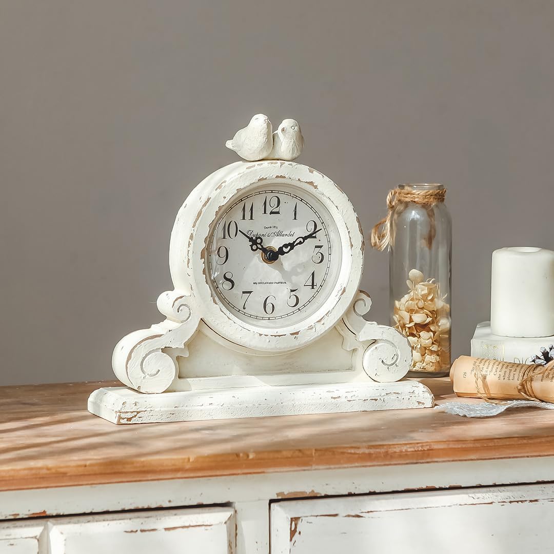 NIKKY HOME Vintage Mantel Table Clock with 2 Birds, Silent Non-Ticking Battery Operated Desk Shelf Rustic Wooden Clock for Living Room Decor - Distressed White