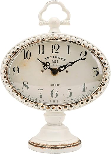 NIKKY HOME Vintage Table Clock with Beads, Silent Shelf Desk Top Clock Battery Operated Antique Design, Chic Home Decor for Fireplace Mantel, Desktop, Countertop, White