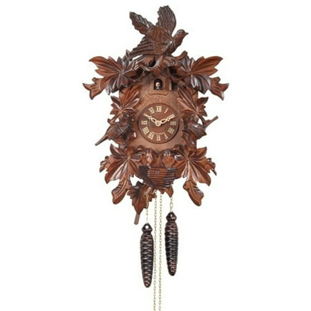 One Day Hand-Carved Cuckoo Clock with Seven Maple Leaves, Three Birds, and Nest