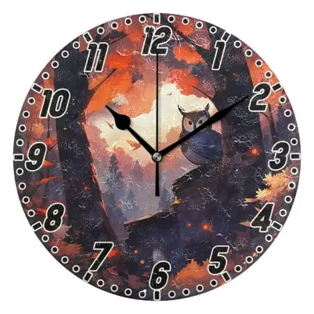 Owl in Autumn Forest Wall Clock 9.8 inch Battery Operated Clocks Non-Ticking Silent for Bedroom Office Kitchen Living Room