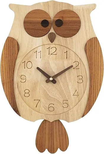 Owl Wall Clock,Pendulum Wooden Wall Clock Non-Ticking Silent Battery Operated Pendulum forLiving Room Bedroom Office Kid's Room Kitchen Hotel Cafe