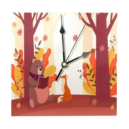 OWNTA Autumn Bear Reading Book-01 Pattern Wood Square Wall Clock, 7.87 in, Silent Non-Ticking, Classic Home Decor, Stylish Office Clock, Battery Operated, Gift Idea