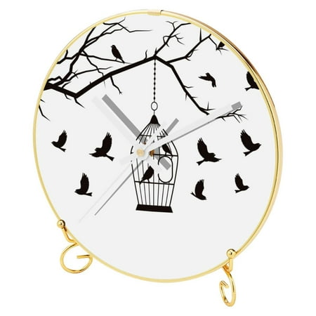 OWNTA Beautiful Birds Cage Silhouette Pattern Round Printed Wall Clocks with Hooks and Gold Stand: Silent, Non-Ticking Timepieces for Stylish and Peaceful Settings