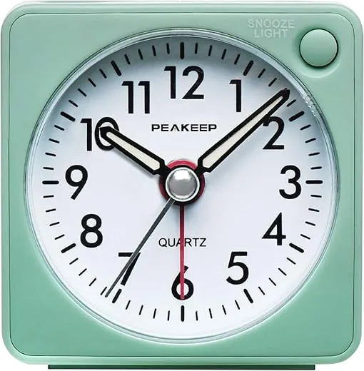 Peakeep Ultra Small, Battery Travel Alarm Clock with Snooze and Light, Silent with No Ticking Analog Quartz (Aquamarine)