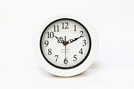 Perfect Pearl Water Resistant Clock, Simple Modern Design, 6.5 in Diameter, Plastic Frame, Flexible options to hang or to stand.