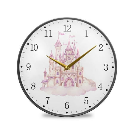 Pink Princess Castle on Clouds Acrylic Wall Clocks Quiet Round Clock Battery Operated Non-Ticking Clock for Bedroom Kitchen Office Decorative 9.5 Inch