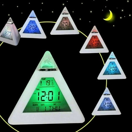 Pluokvzr 7 LED Pyramid Color Changing Digital Alarm Clock Battery Powered Night Light Desk Clock with Music & Snooze Mode