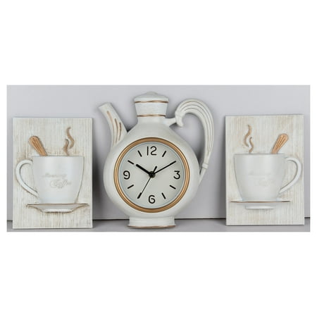 Premius 3 Piece Coffee Wall Clock with Mugs Accent, White, 9x11 Inches