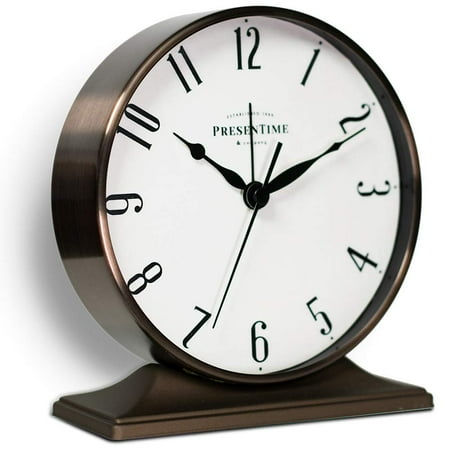 Presentime & Co Lewis Mantel Alarm Clock, Desk and Shelf Clock, Tabletop Decoration, 5.5 x 5 inch, Silent no Ticking, Metal Base, Bronze Finish, Roman Numeral