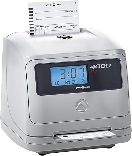 Pyramid Time Systems Model 4000 Auto Totaling Time Clock, 50 Employees, Includes 25 time Cards, Ribbon, 2 Security Keys and User Guide, Made in USA, Silver, 7.25h x 7w x 6.75 d