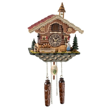 Quartz Cuckoo Clock Black forest house, turning mill-wheel and moving bell ringer