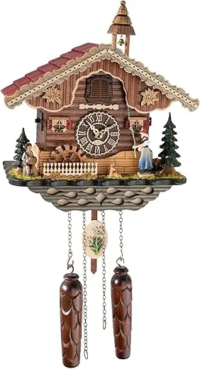 Quartz Cuckoo Clock Black Forest House, Turning Mill-Wheel and Moving Bell Ringer