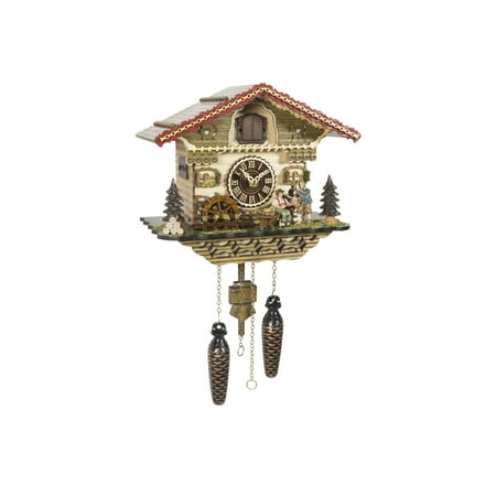 Quartz Cuckoo Clock Black Forest house with moving beer drinker and mill wheel, with music TU 4222 QM