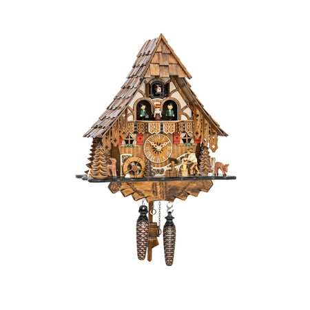 Quartz Cuckoo Clock Black Forest House with Moving Wood Chopper and Mill Wheel, with Music EN 4661 QMT