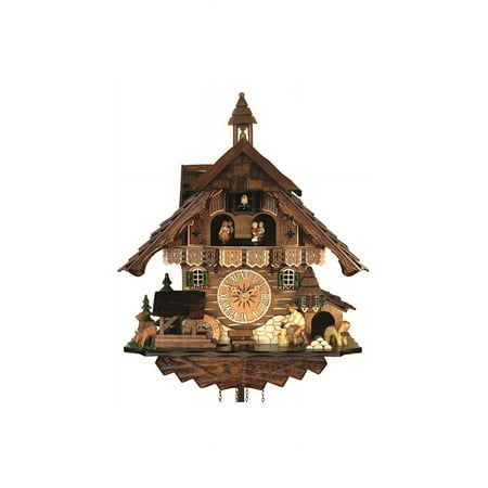 Quartz Cuckoo Clock Black Forest house with moving wood chopper and mill wheel, with music EN 483 QMT