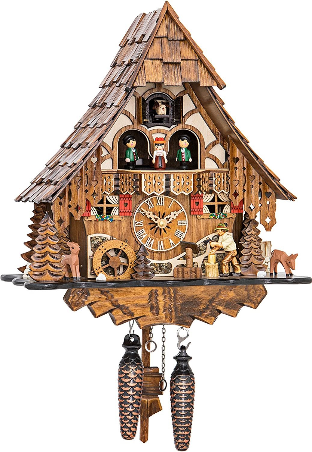 Quartz Cuckoo Clock Black Forest House with Moving Wood Chopper and Mill Wheel,
