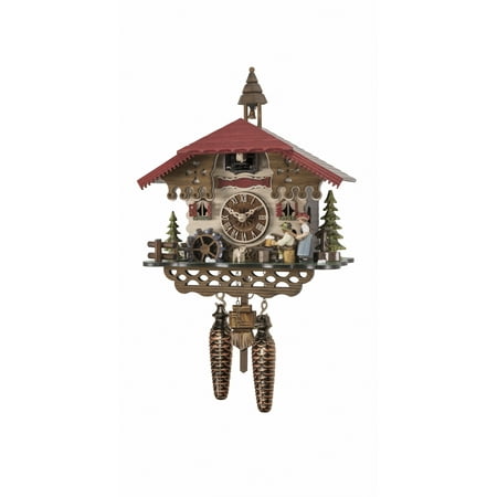 Quartz Cuckoo Clock Black Forest house with music, turning mill-wheel, the beerdrinker and the Black Forest Girl lift their arm