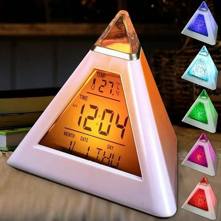 Quiet Pyramid Alarm Clock with Music & Snooze Mode 7 Color Changing Desktop Clock Decoration for Bedroom Office