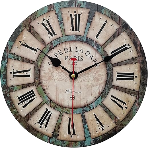 Qukueoy 24 Inch Silent Round Wooden Wall Clock Rustic Country Style, Battery Operated, Vintage Farmhouse Wall Decor for Living Room, Kitchen, Bedroom, Office