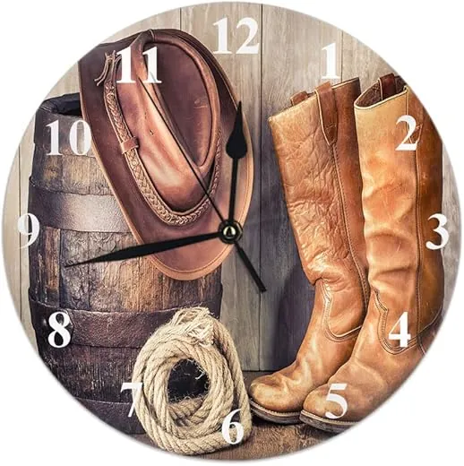 Retro Leather Cowboy Hat,Old Boots and Oak Barrel Round Wall Clock Quartz Minimalist Style Vintage Style 10 Inch White Clocks Battery Operated Silent Non-Ticking Decorative