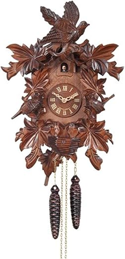 River City Clocks 13-16 One Day Hand-Carved Cuckoo Clock with Seven Maple Leaves, Three Birds, and Nest, 16-Inch Tall