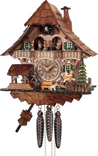 River City Clocks 13 one Day Musical Black Forest Mechanical Cuckoo Dancers, waterwheel, and Girl on Rocking Horse Wall Clock, Brown