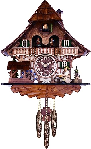 River City Clocks 13 Quartz 12 Melody Black Forest Cuckoo Dancers, waterwheel, and Beer Drinker Wall Clock, Brown