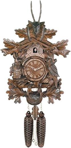 River City Clocks Eight Day Hunter's Cuckoo Clock with Hand-Carved Oak Leaves, Animals, Rifles, and Buck - 20 Inches Tall - Model # 819-20